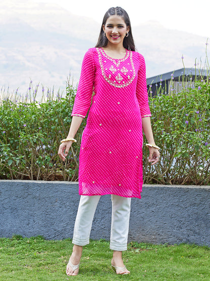 Leheriya Printed & Hand Embroidered Straight Fit Kurta - Rani Pink