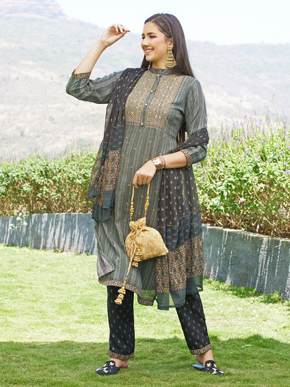 Stripes Printed Resham Embroidered Kurta With Pants & Dupatta - Multi