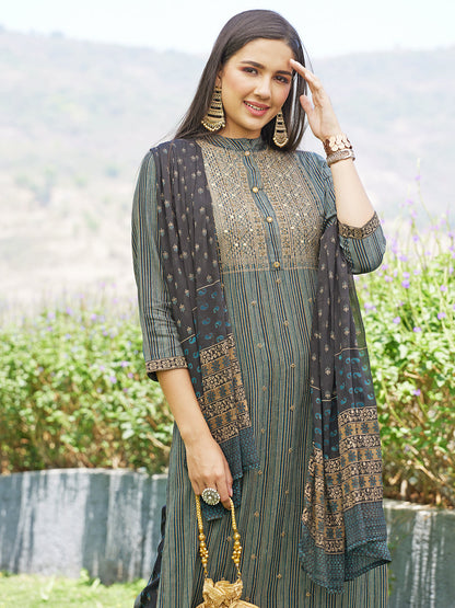 Stripes Printed Resham Embroidered Kurta With Pants & Dupatta - Multi