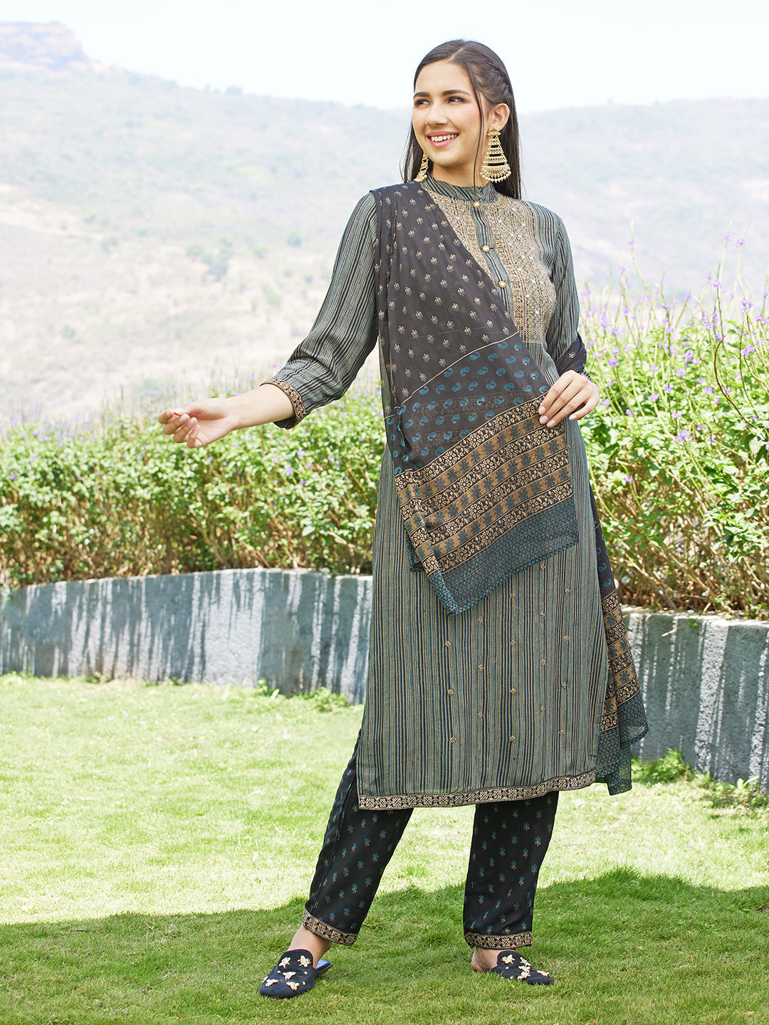 Stripes Printed Resham Embroidered Kurta With Pants & Dupatta - Multi