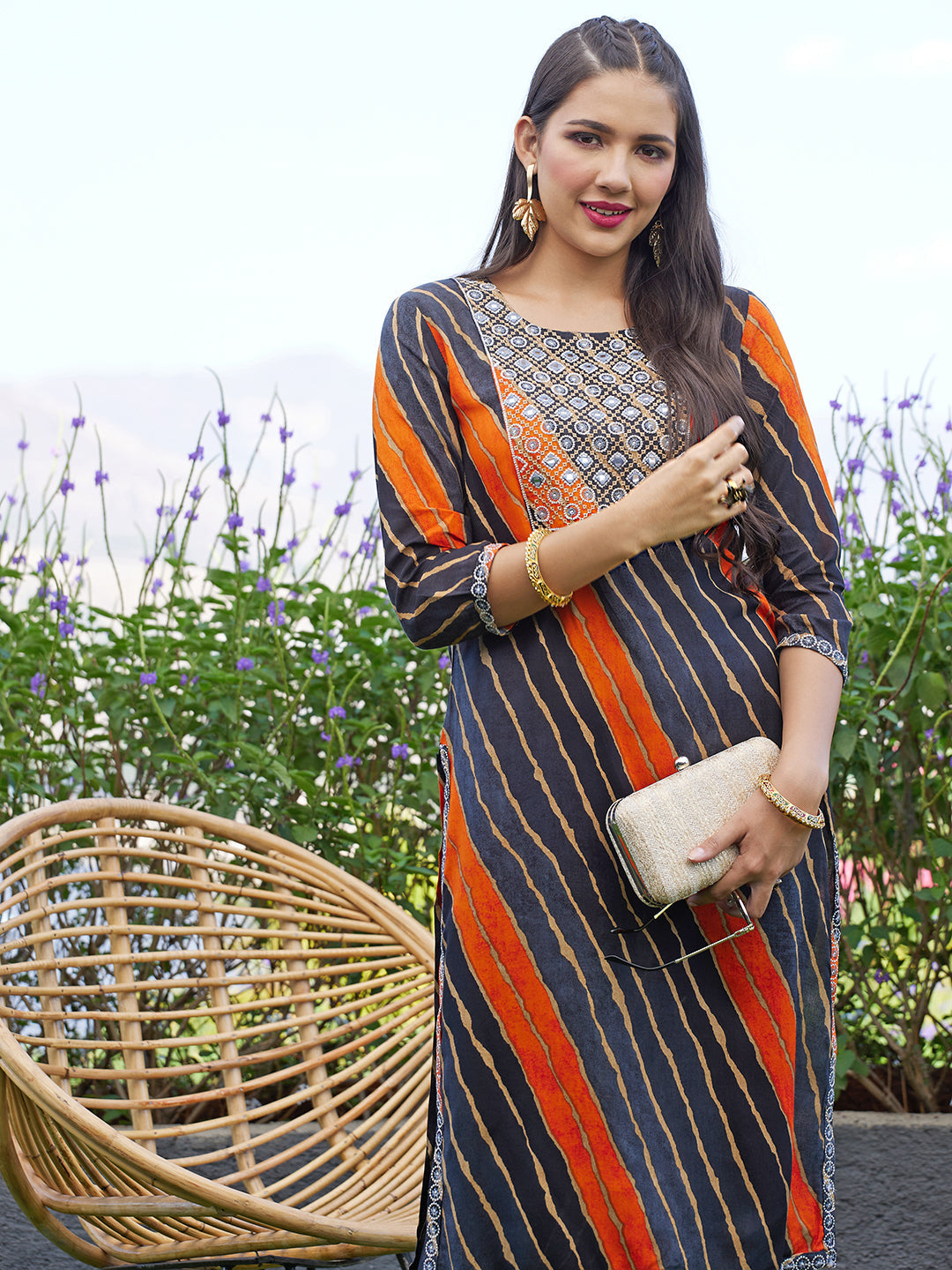 Leheriya Printed & Embroidered Straight Fit Kurta - Multi