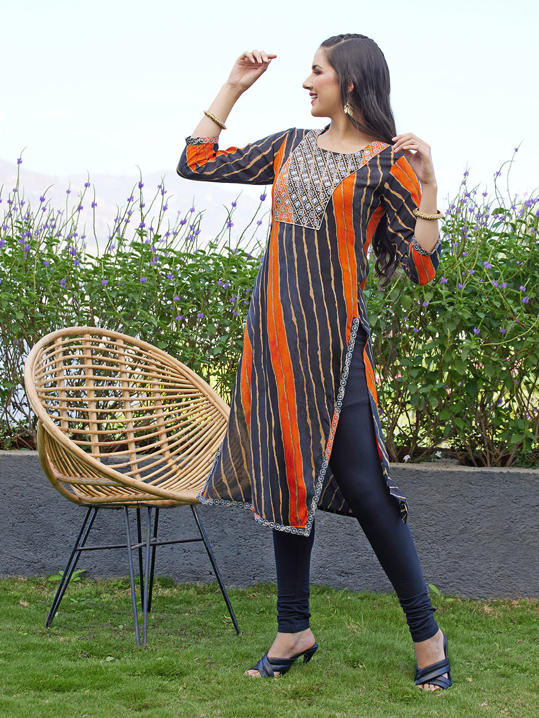 Leheriya Printed & Embroidered Straight Fit Kurta - Multi