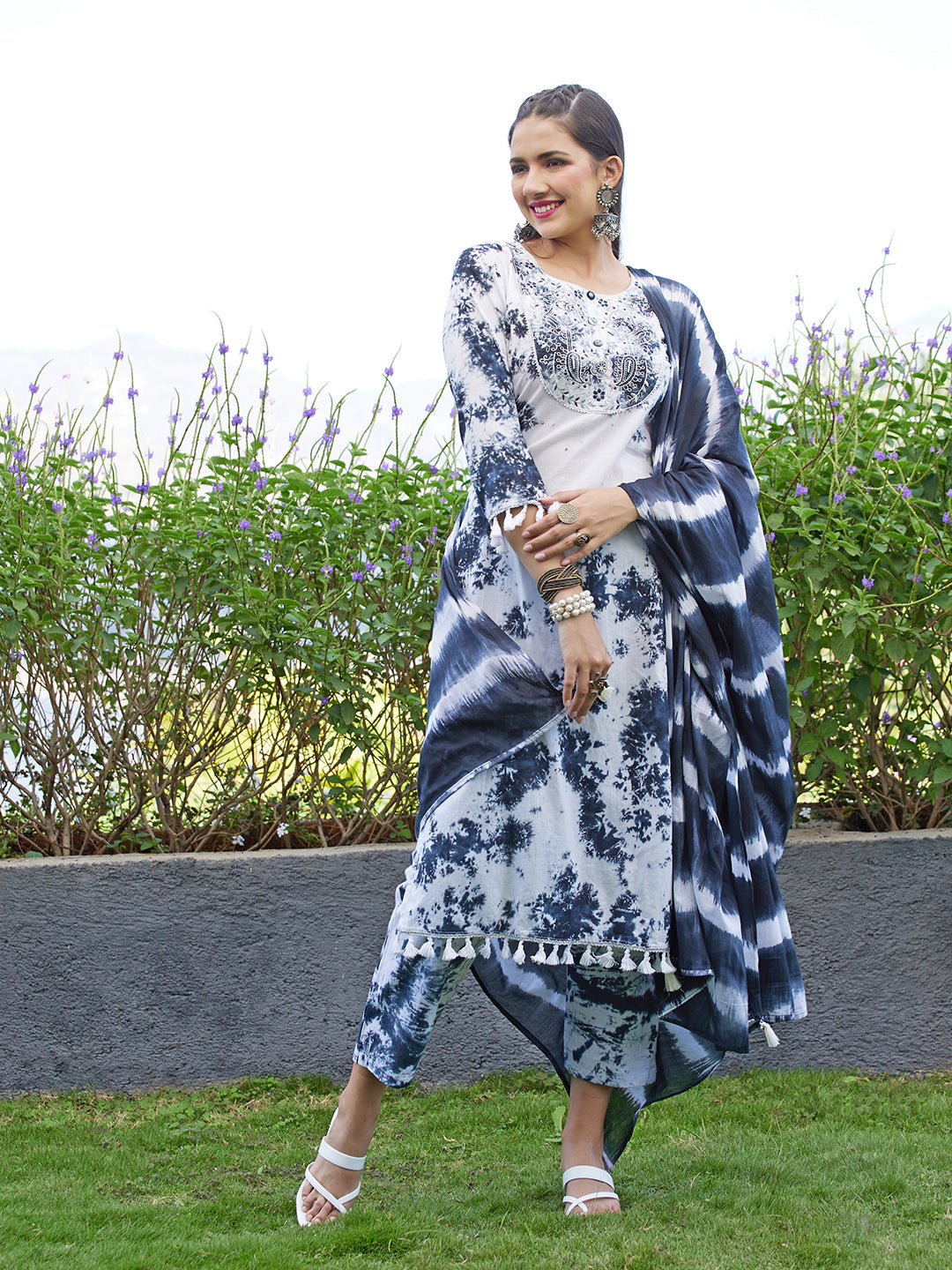 Tie-Dye Printed & Embroidered Straight Kurta with Pants & Dupatta - White