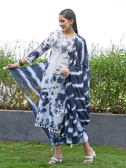 Tie-Dye Printed & Embroidered Straight Kurta with Pants & Dupatta - White