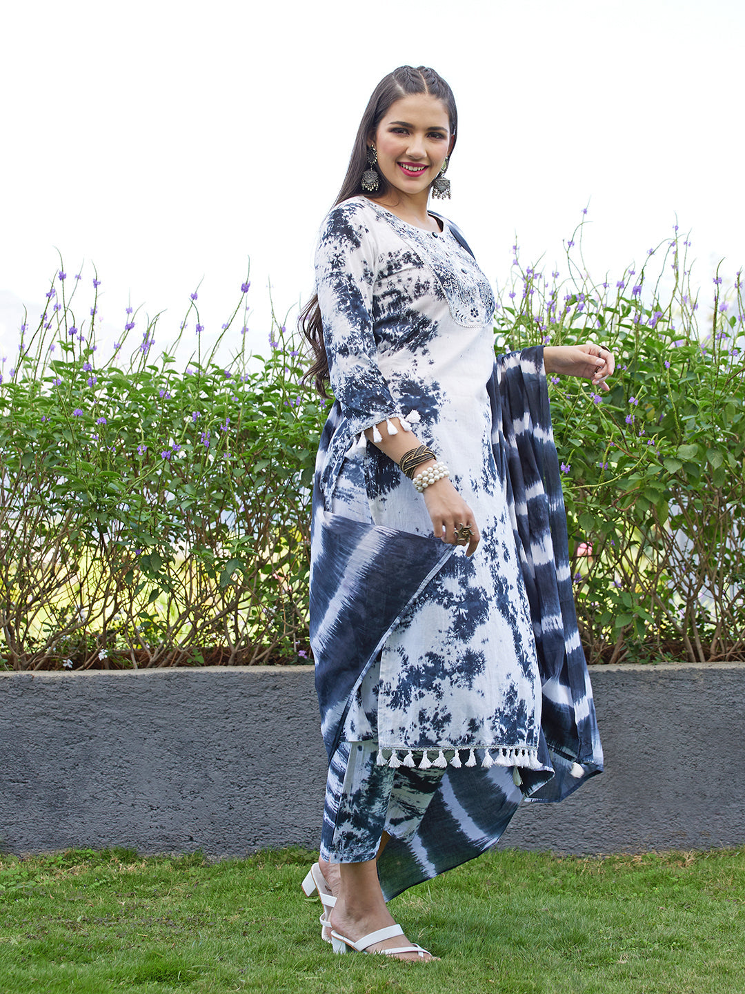 Tie-Dye Printed & Embroidered Straight Kurta with Pants & Dupatta - White