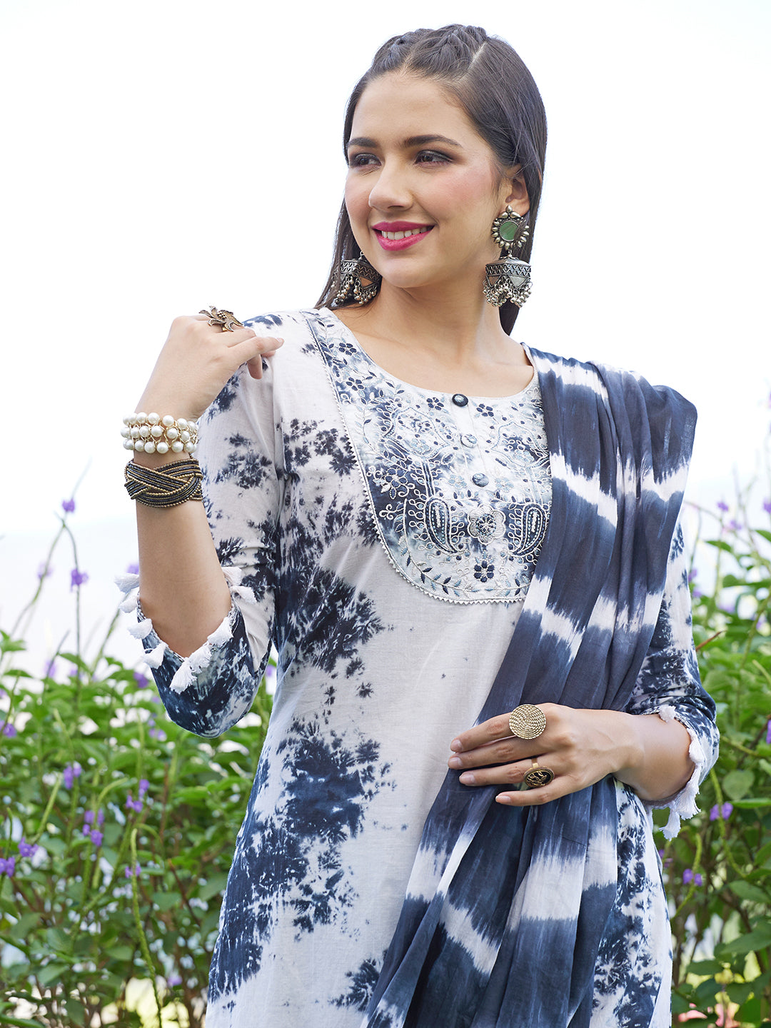 Tie-Dye Printed & Embroidered Straight Kurta with Pants & Dupatta - White