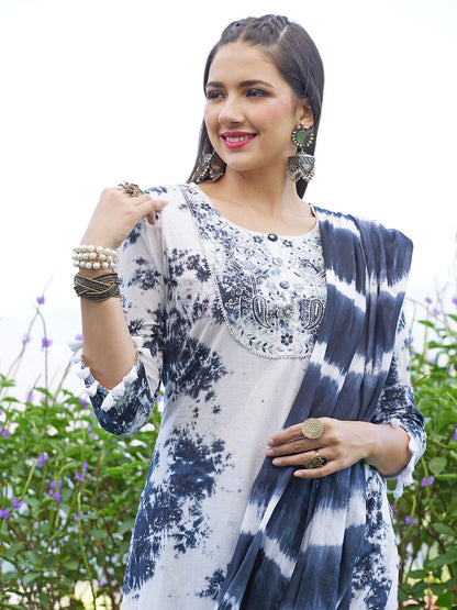 Tie-Dye Printed & Embroidered Straight Kurta with Pants & Dupatta - White