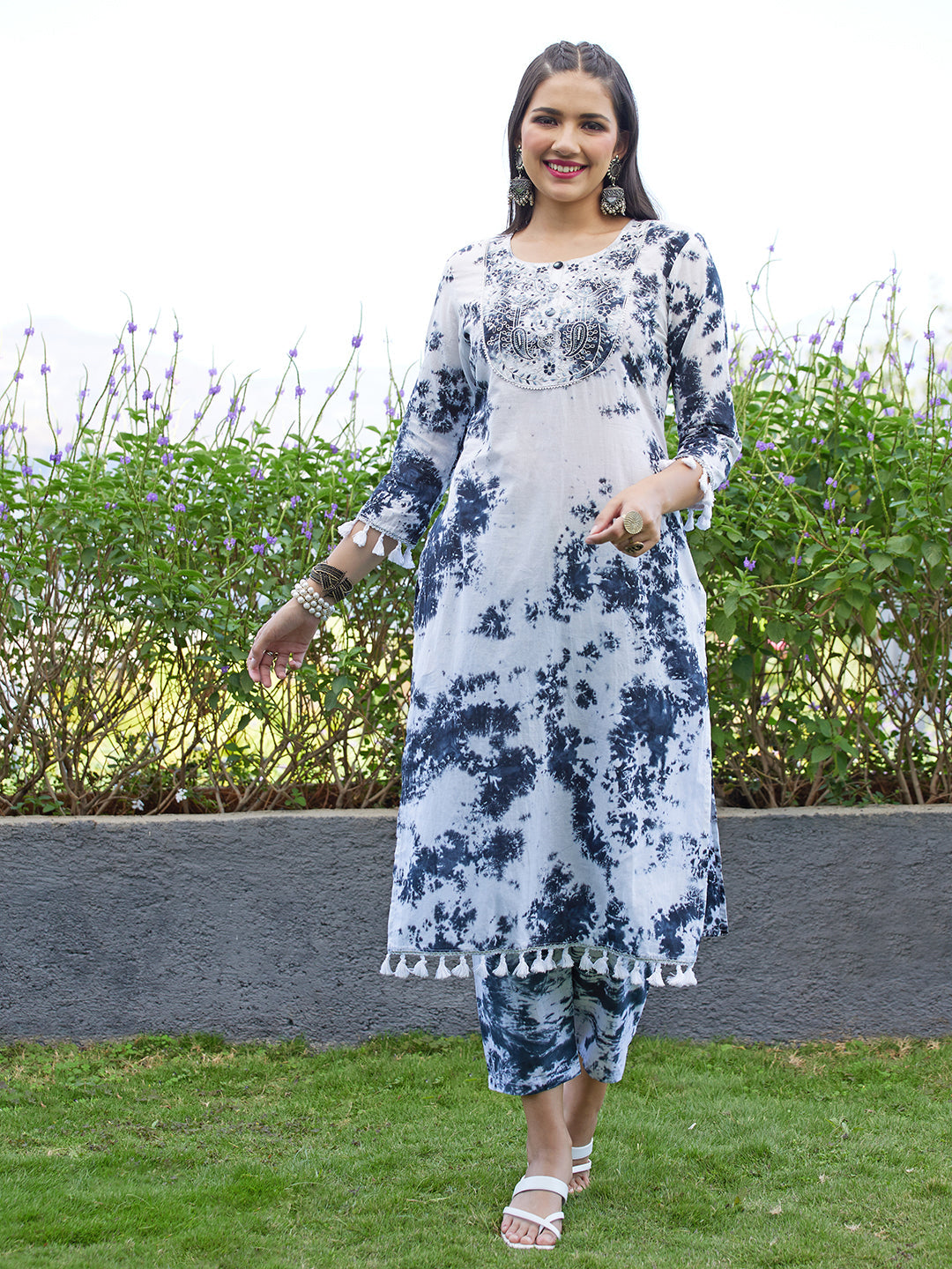 Tie-Dye Printed & Embroidered Straight Kurta with Pants & Dupatta - White