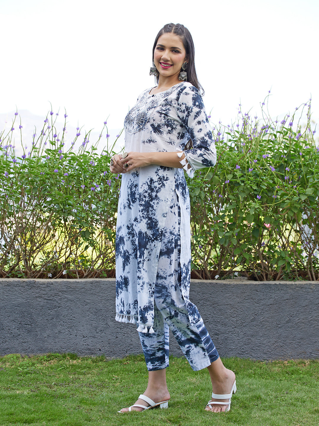 Tie-Dye Printed & Embroidered Straight Kurta with Pants & Dupatta - White