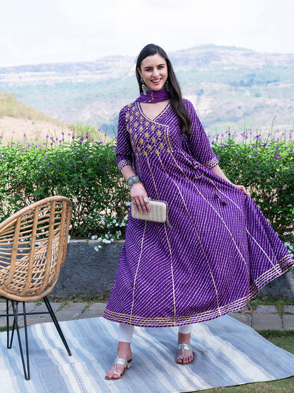 Leheriya Printed & Embroidered Anarkali Maxi Dress with Dupatta - Purple