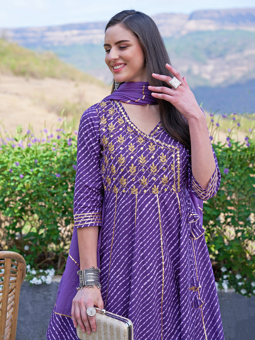 Leheriya Printed & Embroidered Anarkali Maxi Dress with Dupatta - Purple