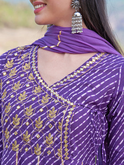 Leheriya Printed & Embroidered Anarkali Maxi Dress with Dupatta - Purple