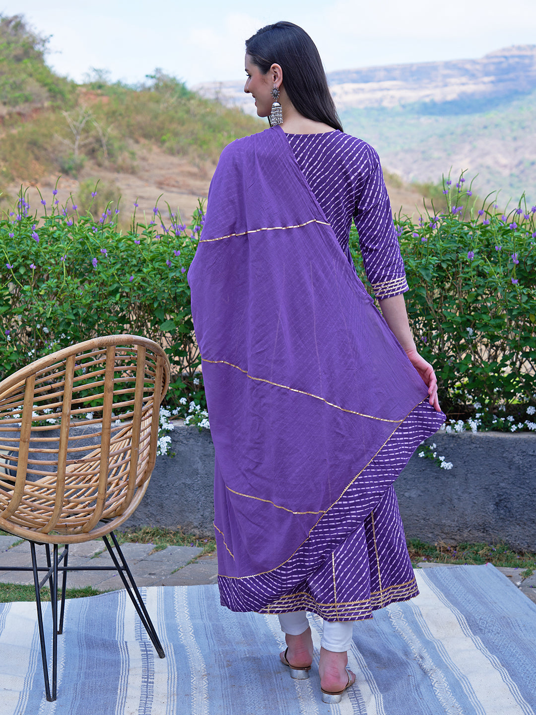 Leheriya Printed & Embroidered Anarkali Maxi Dress with Dupatta - Purple