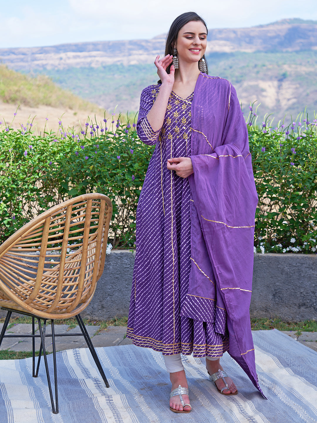 Leheriya Printed & Embroidered Anarkali Maxi Dress with Dupatta - Purple