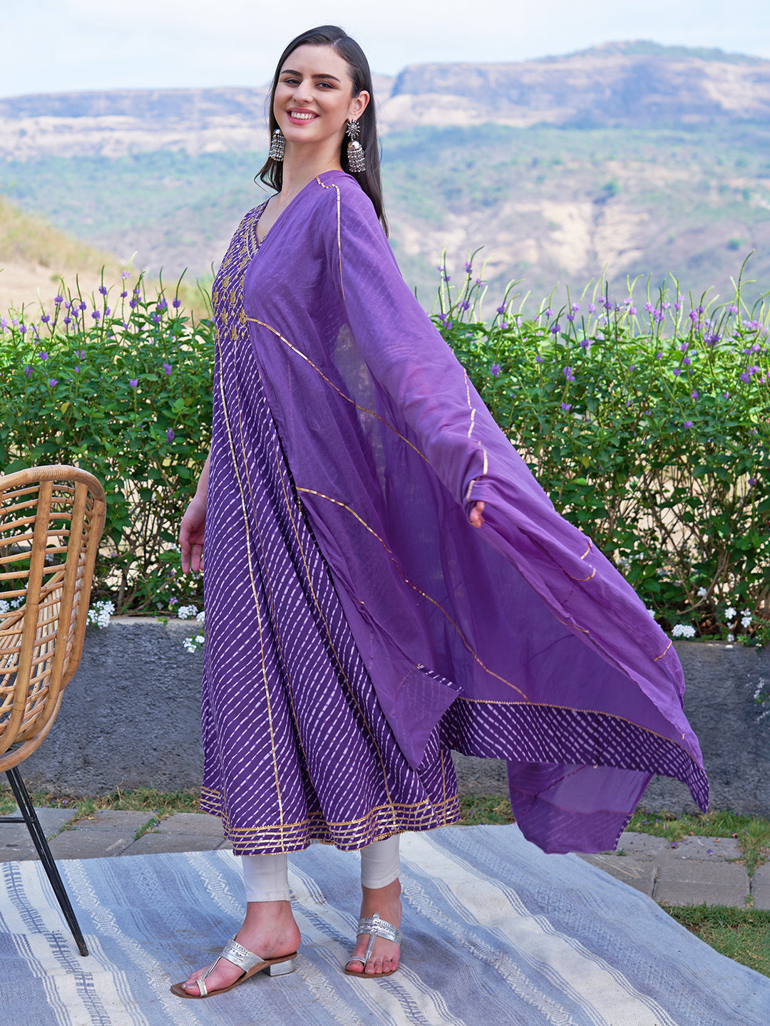 Leheriya Printed & Embroidered Anarkali Maxi Dress with Dupatta - Purple