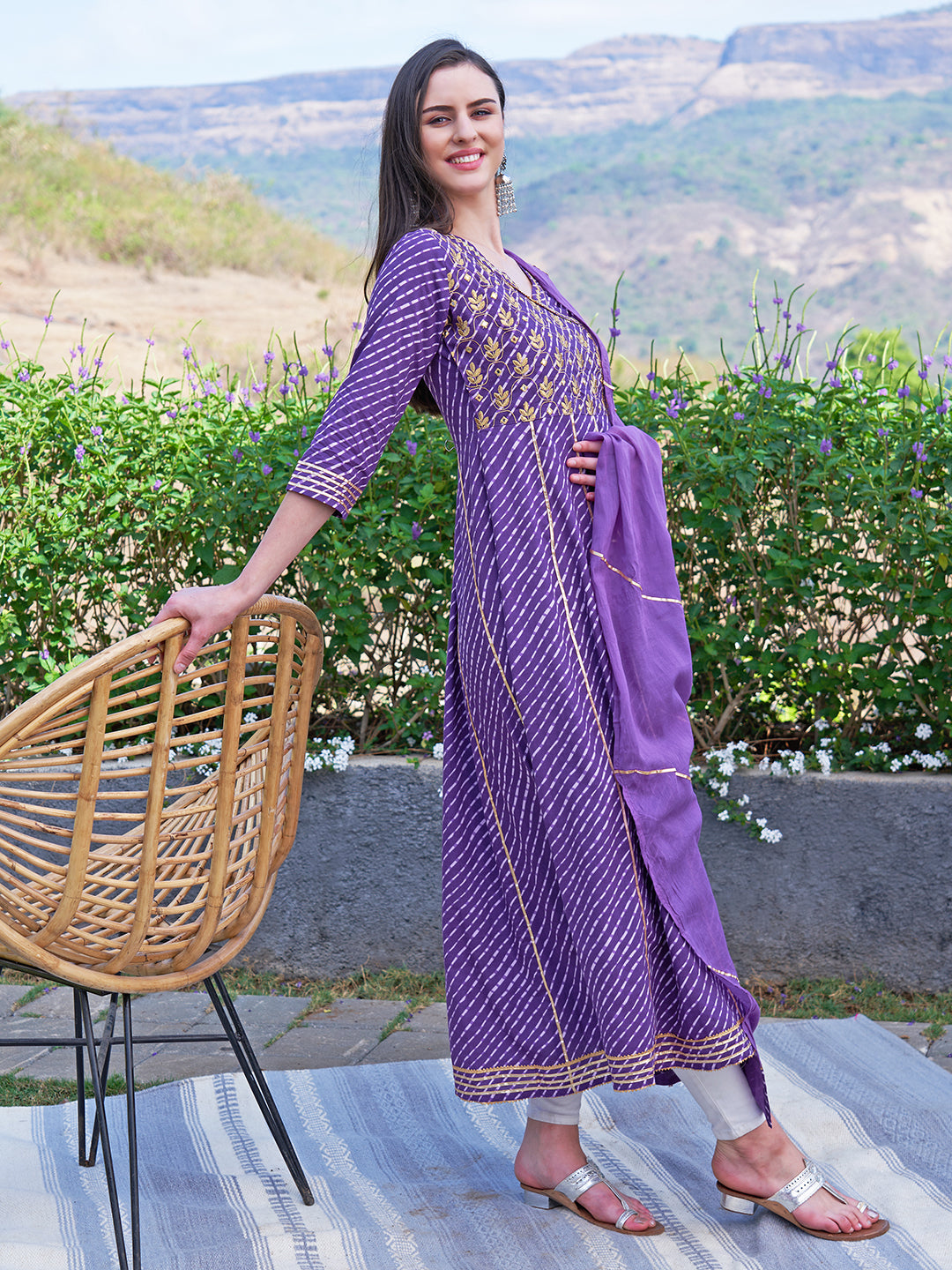 Leheriya Printed & Embroidered Anarkali Maxi Dress with Dupatta - Purple