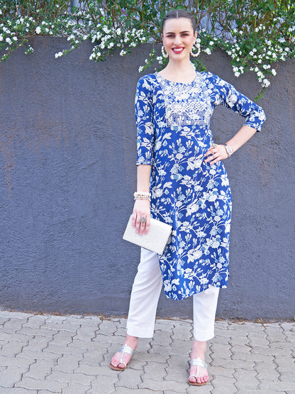 Zari Embroidered Floral Printed Straight Fit Kurta - Dark Blue