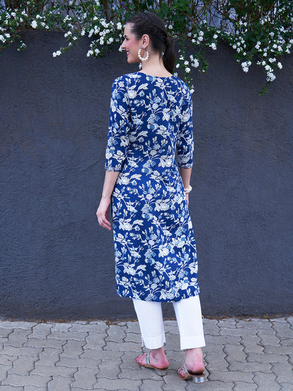 Zari Embroidered Floral Printed Straight Fit Kurta - Dark Blue