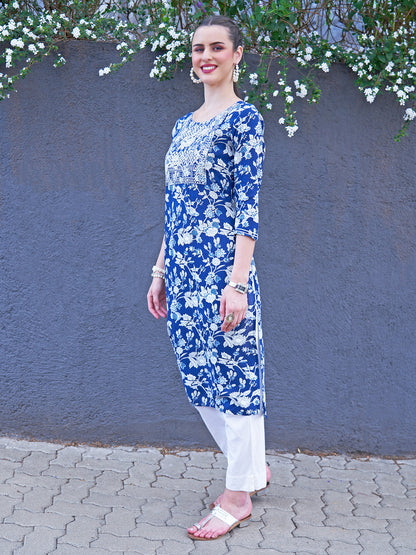 Zari Embroidered Floral Printed Straight Fit Kurta - Dark Blue