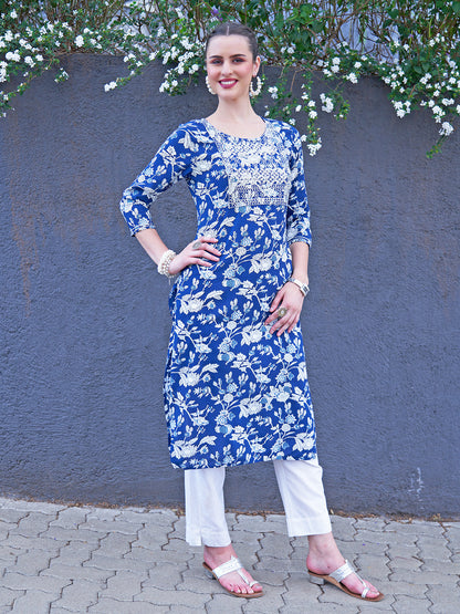 Zari Embroidered Floral Printed Straight Fit Kurta - Dark Blue