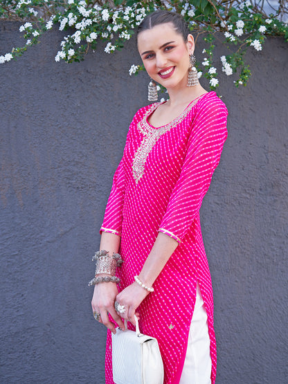 Leheriya Printed & Embroidered Straight Fit Kurta - Hot Pink