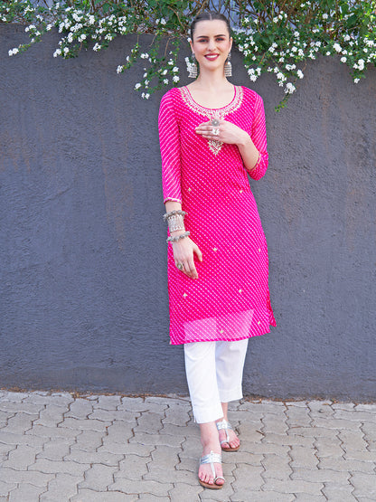 Leheriya Printed & Embroidered Straight Fit Kurta - Hot Pink