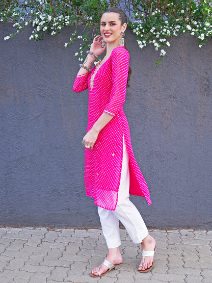 Leheriya Printed & Embroidered Straight Fit Kurta - Hot Pink