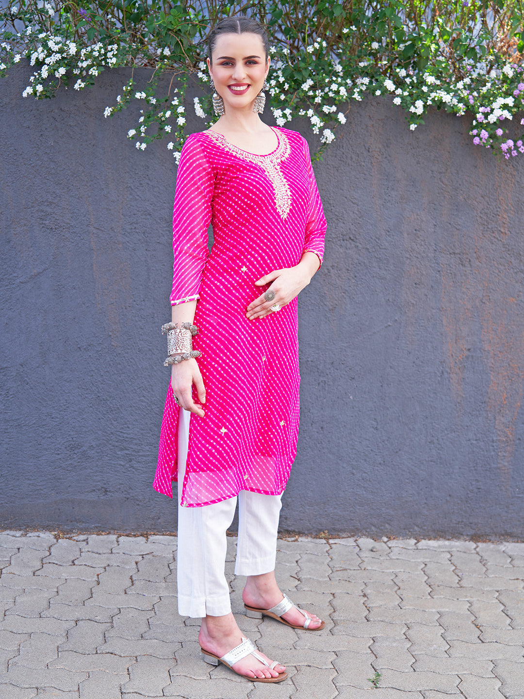 Leheriya Printed & Embroidered Straight Fit Kurta - Hot Pink