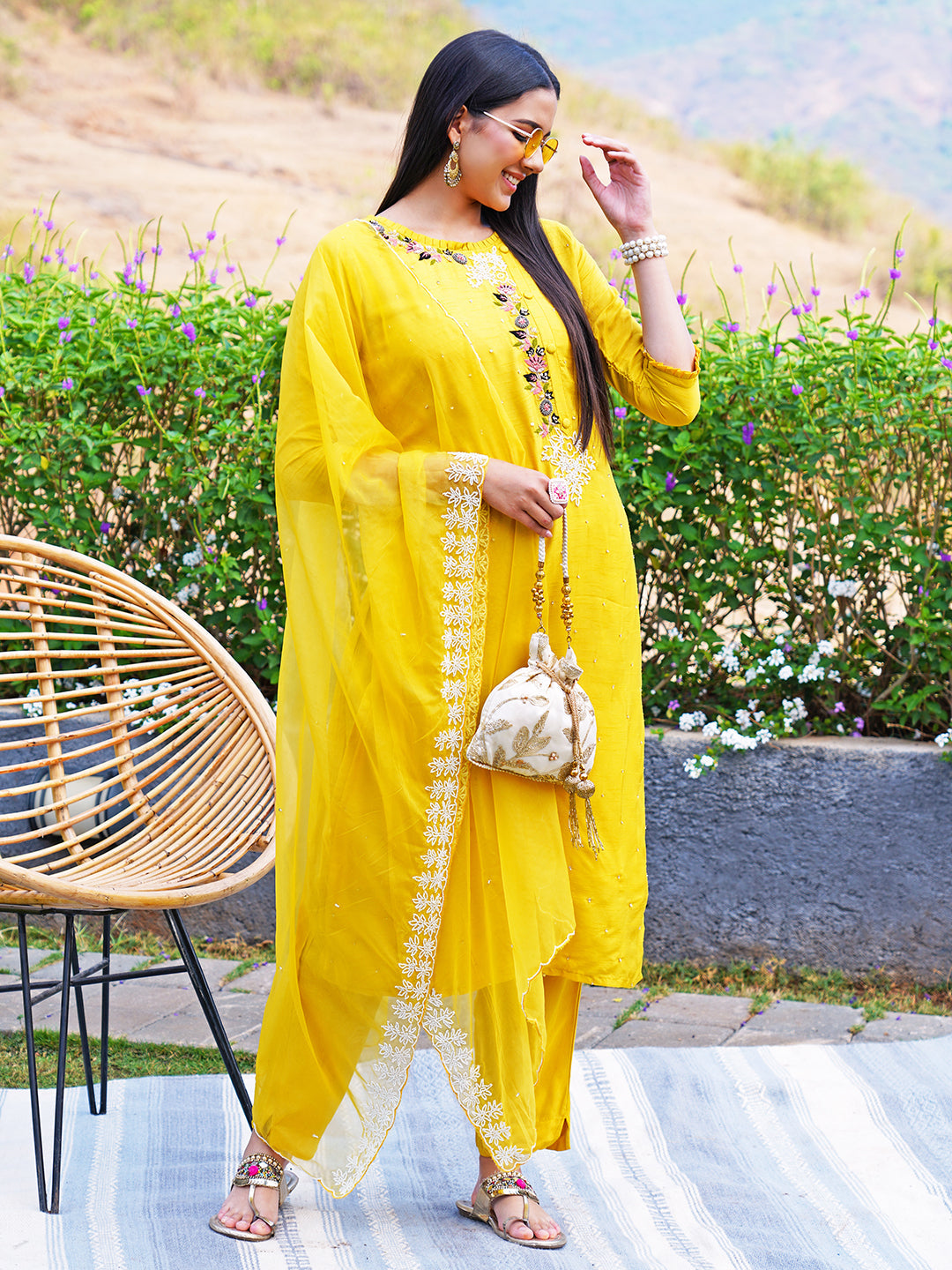 Hand Embroidered Straight Fit Kurta with Pants and Dupatta - Yellow