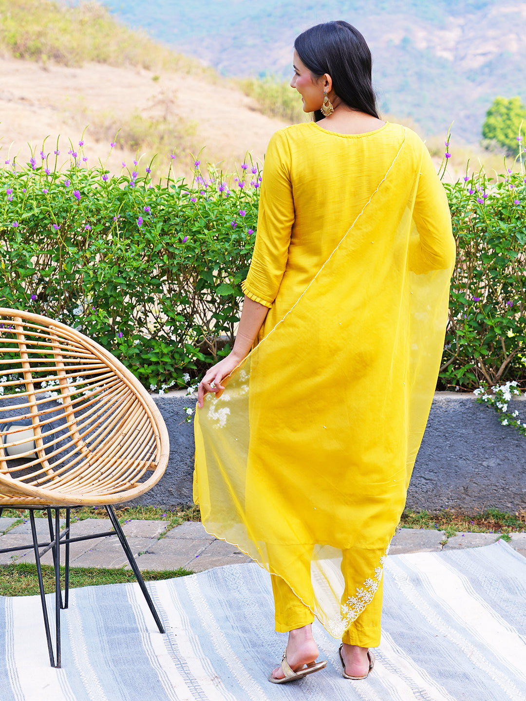 Hand Embroidered Straight Fit Kurta with Pants and Dupatta - Yellow