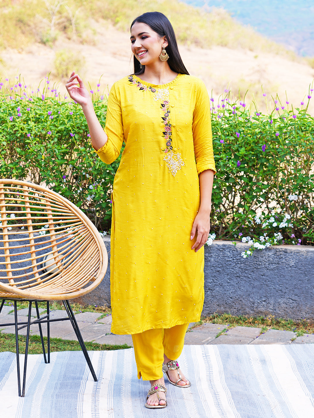 Hand Embroidered Straight Fit Kurta with Pants and Dupatta - Yellow