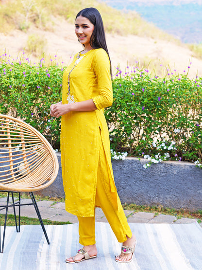 Hand Embroidered Straight Fit Kurta with Pants and Dupatta - Yellow