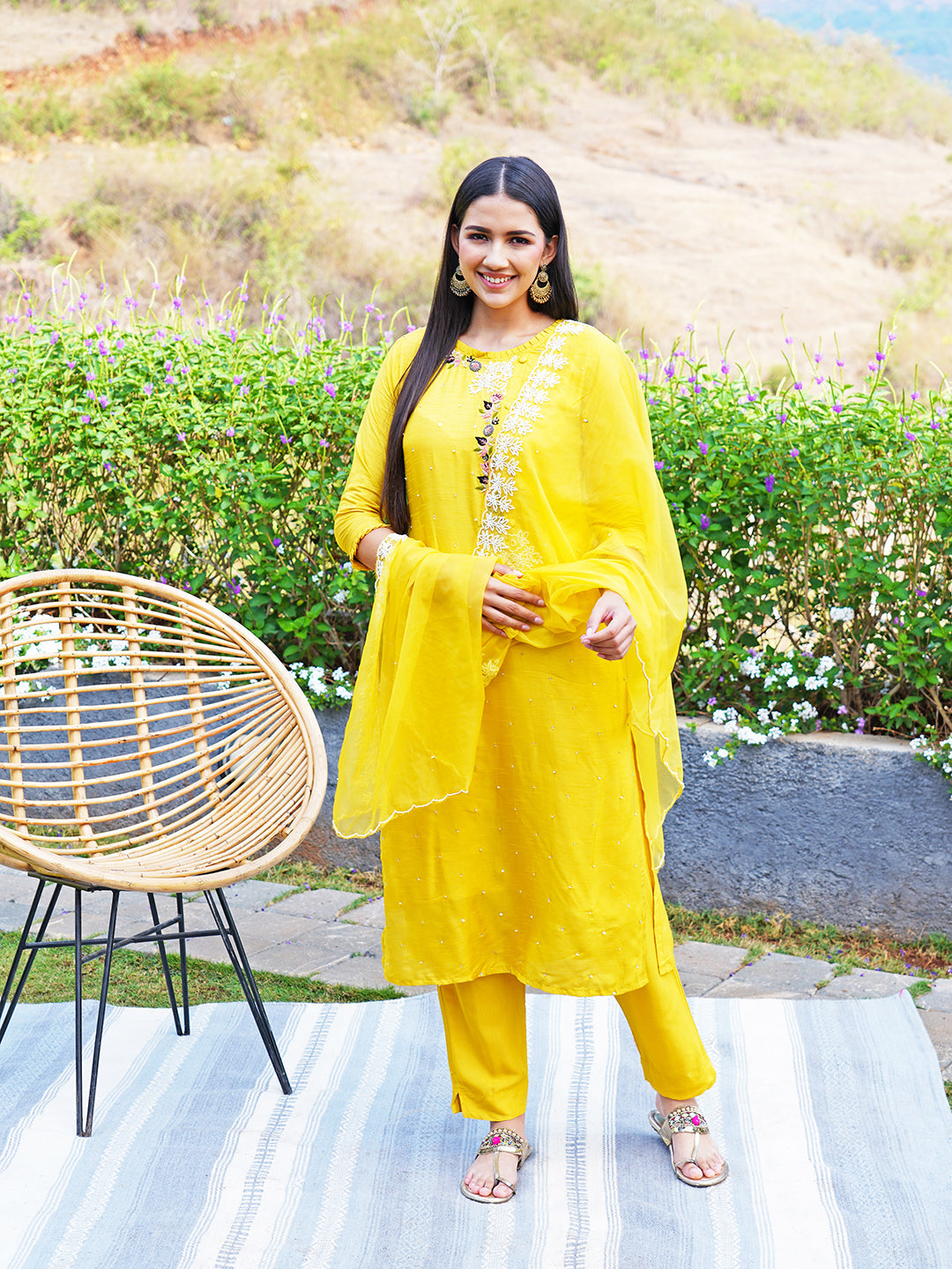 Hand Embroidered Straight Fit Kurta with Pants and Dupatta - Yellow