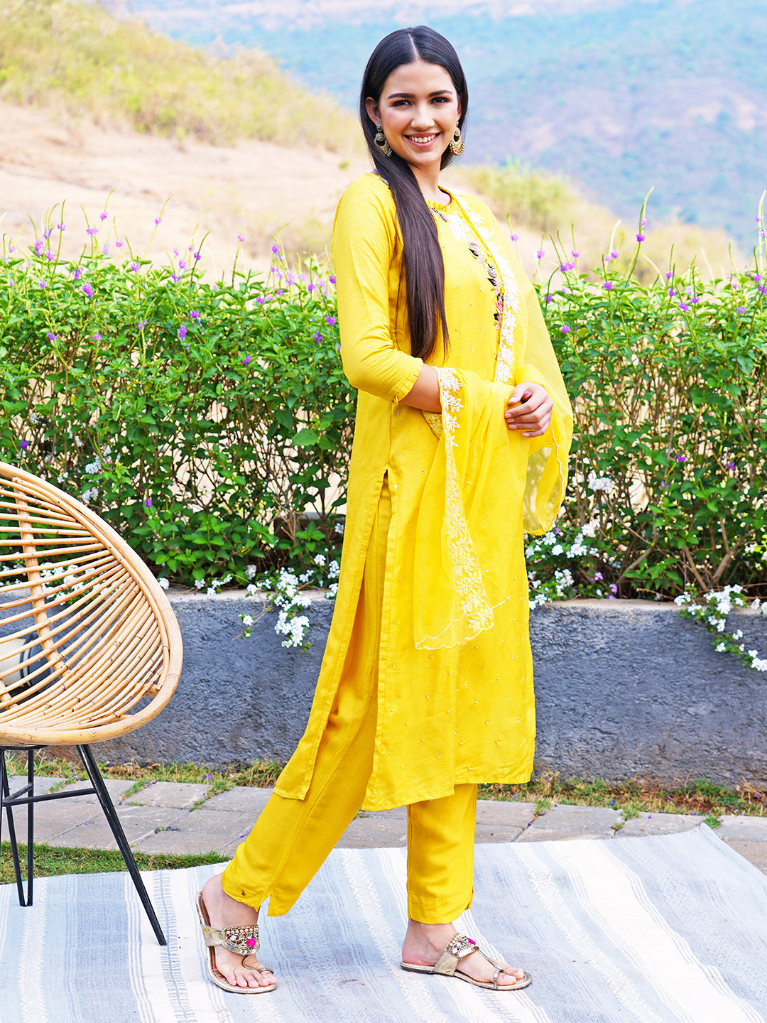 Hand Embroidered Straight Fit Kurta with Pants and Dupatta - Yellow