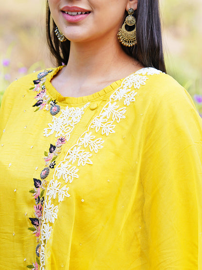 Hand Embroidered Straight Fit Kurta with Pants and Dupatta - Yellow