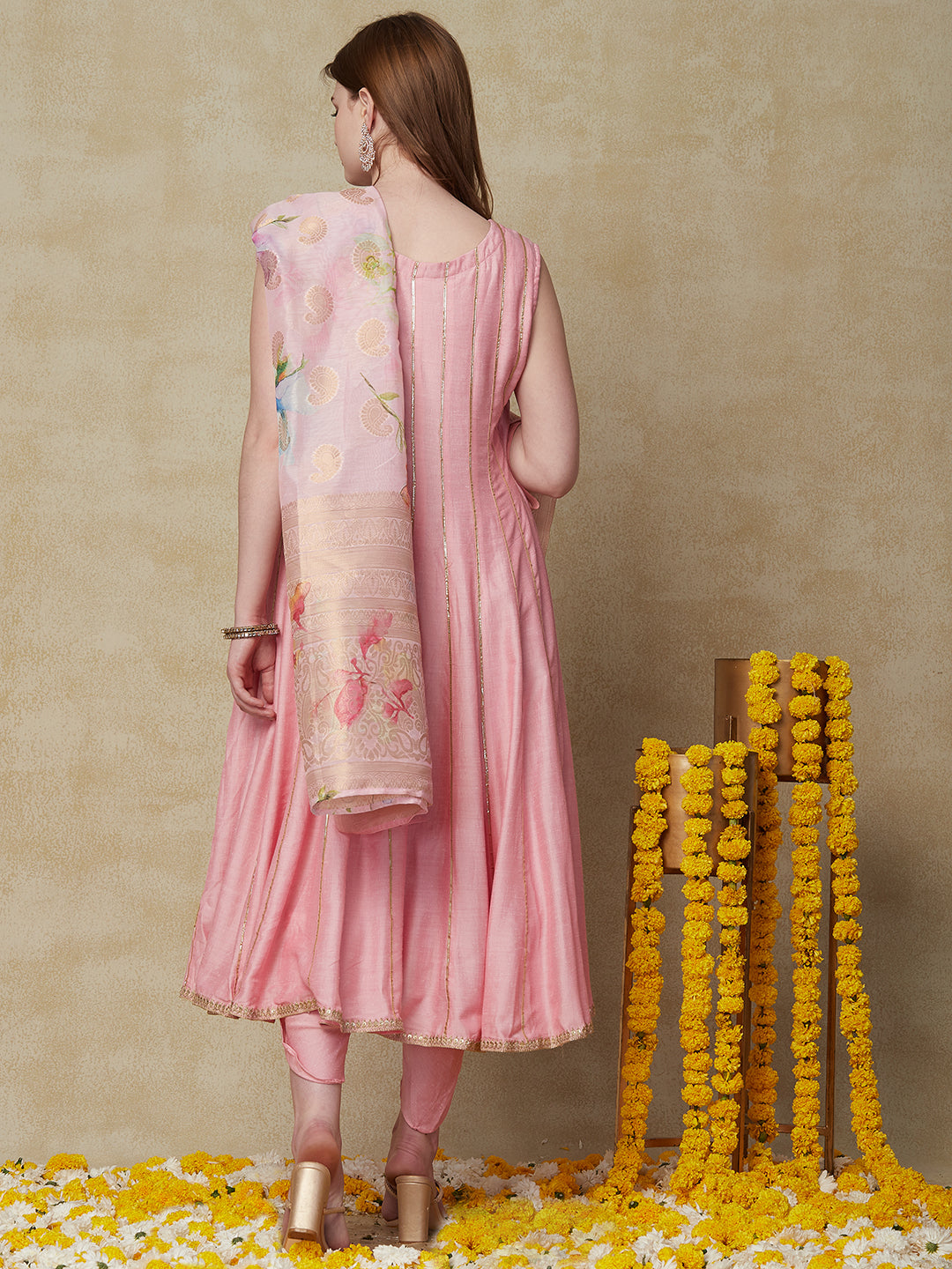 Solid Sequin Embroidered Anarkali Kurta with Pant & Floral Printed Dupatta - Pink