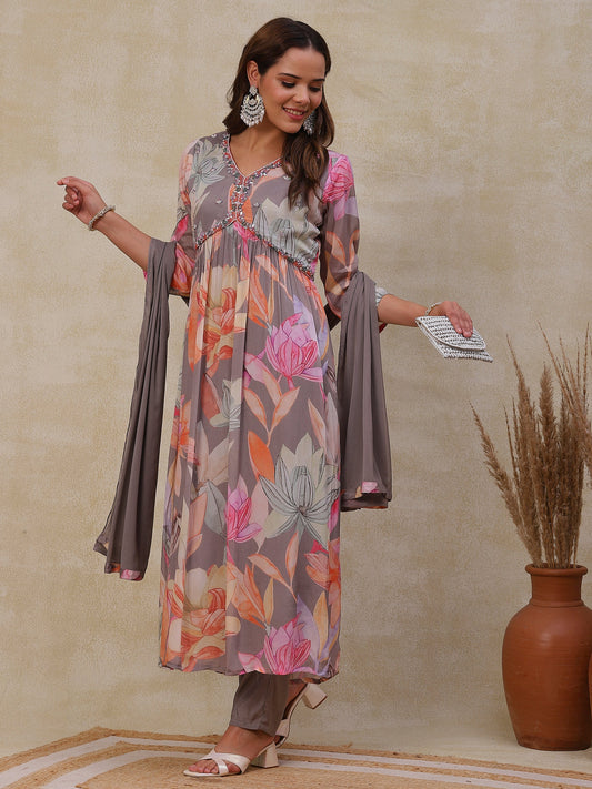 Floral Printed Mirror & Beads Embroidered Flared Kurta with Pants & Dupatta - Grey