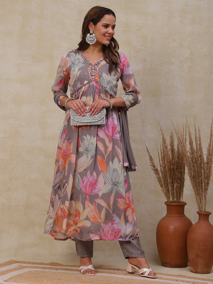 Floral Printed Mirror & Beads Embroidered Flared Kurta with Pants & Dupatta - Grey