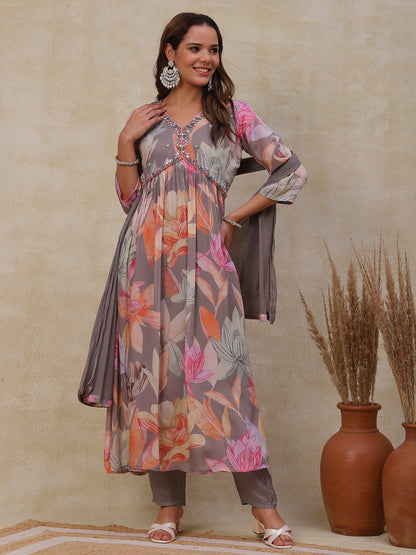 Floral Printed Mirror & Beads Embroidered Flared Kurta with Pants & Dupatta - Grey