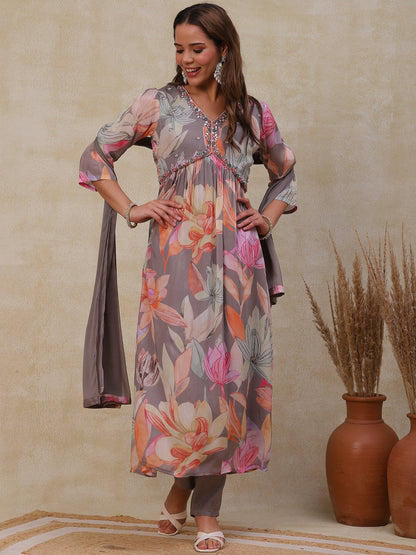 Floral Printed Mirror & Beads Embroidered Flared Kurta with Pants & Dupatta - Grey