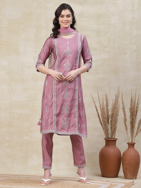 Solid Mirror & Resham Embroidered Kurta with Pants & Embroidered Dupatta - Purple