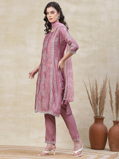 Solid Mirror & Resham Embroidered Kurta with Pants & Embroidered Dupatta - Purple