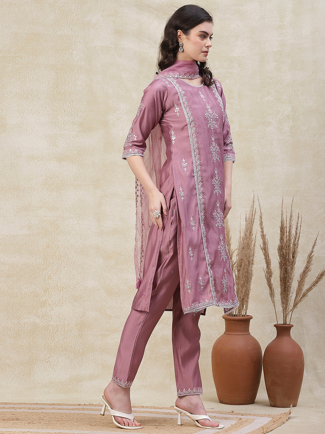 Solid Mirror & Resham Embroidered Kurta with Pants & Embroidered Dupatta - Purple