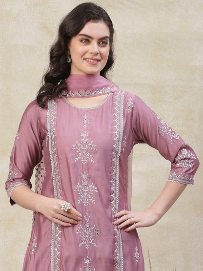 Solid Mirror & Resham Embroidered Kurta with Pants & Embroidered Dupatta - Purple