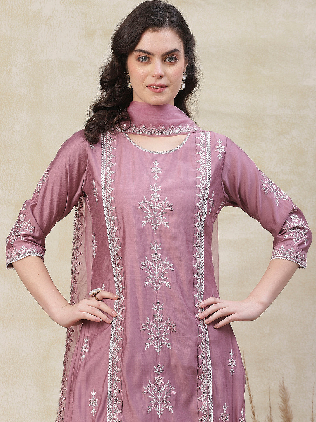 Solid Mirror & Resham Embroidered Kurta with Pants & Embroidered Dupatta - Purple