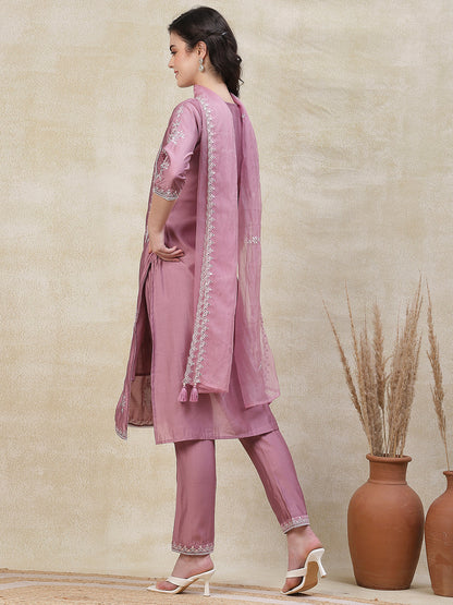 Solid Mirror & Resham Embroidered Kurta with Pants & Embroidered Dupatta - Purple