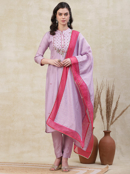 Solid Zardozi Embroidered Kurta with Pants & Jacquard Dupatta - Purple