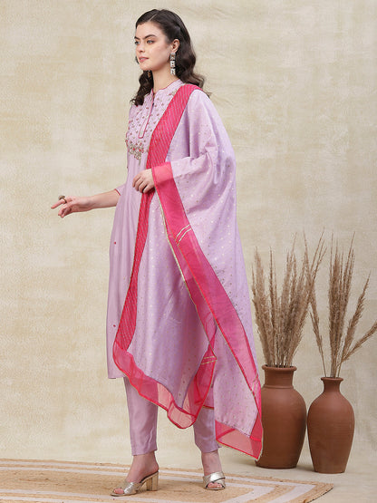 Solid Zardozi Embroidered Kurta with Pants & Jacquard Dupatta - Purple