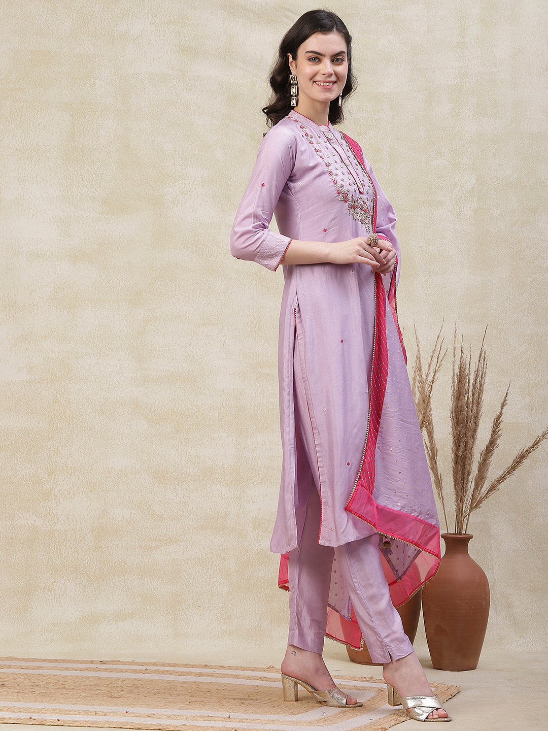 Solid Zardozi Embroidered Kurta with Pants & Jacquard Dupatta - Purple