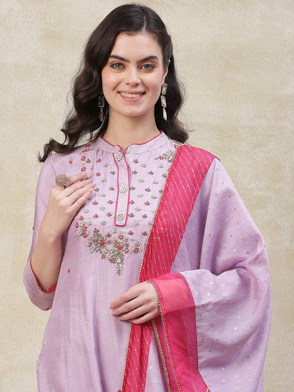 Solid Zardozi Embroidered Kurta with Pants & Jacquard Dupatta - Purple